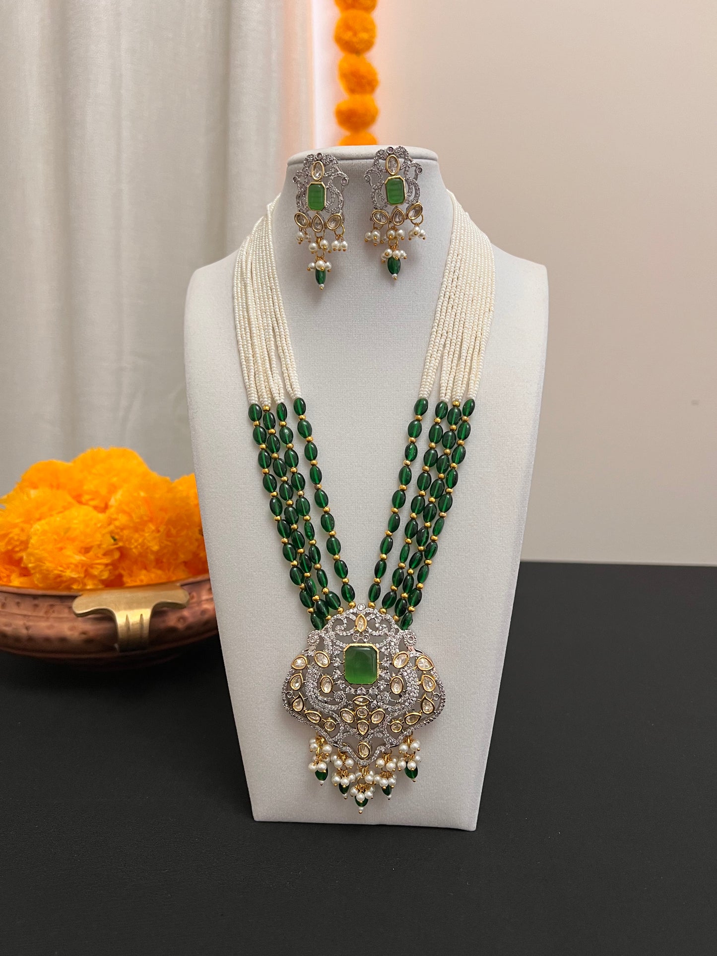 Beads multilayered necklace set | Green statement pendant necklace earring set | Green beads strand