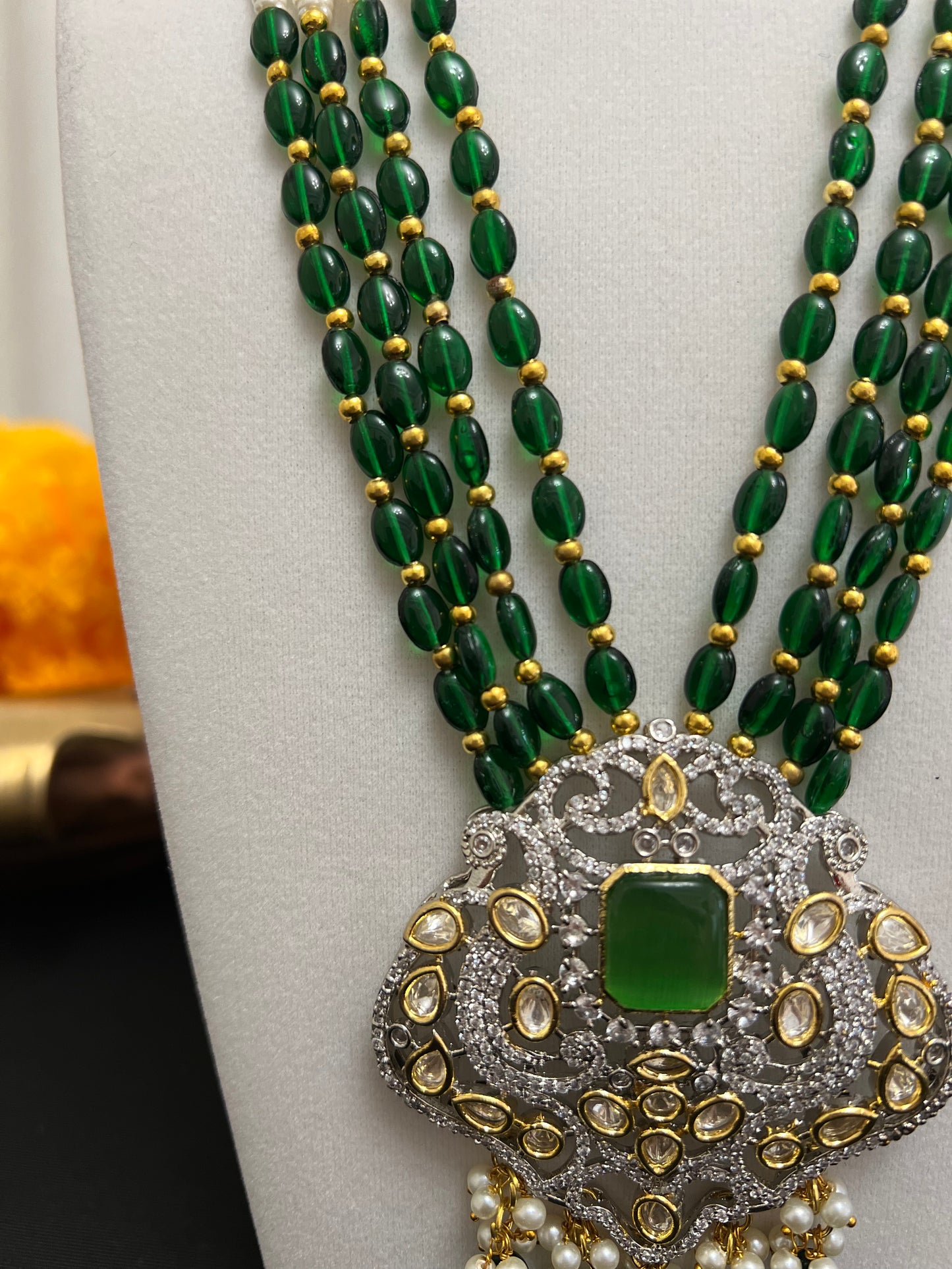 Beads multilayered necklace set | Green statement pendant necklace earring set | Green beads strand
