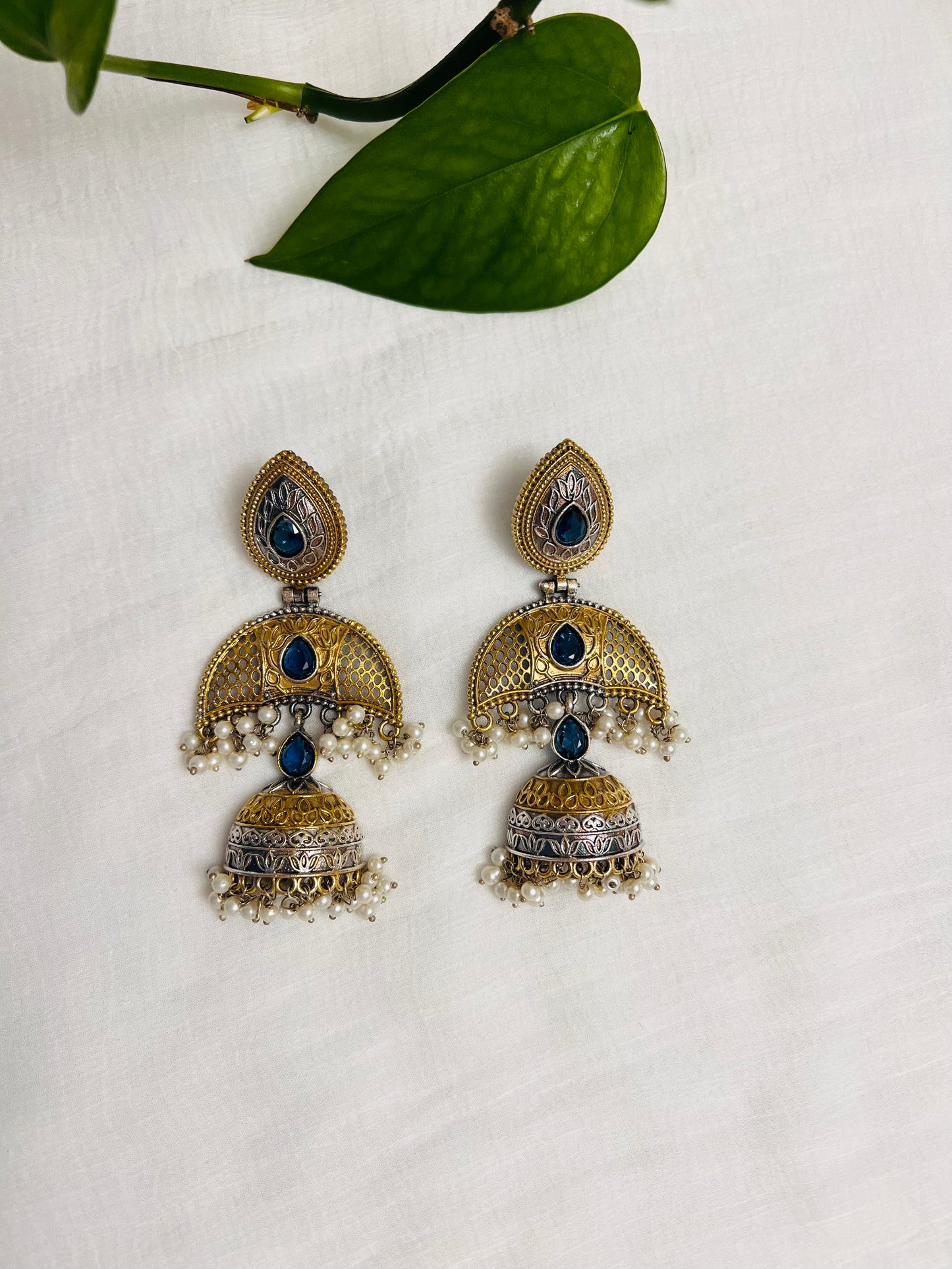 Dual tone Jhumkas | Silver and golden long earring with blue stone | Indian jewelry