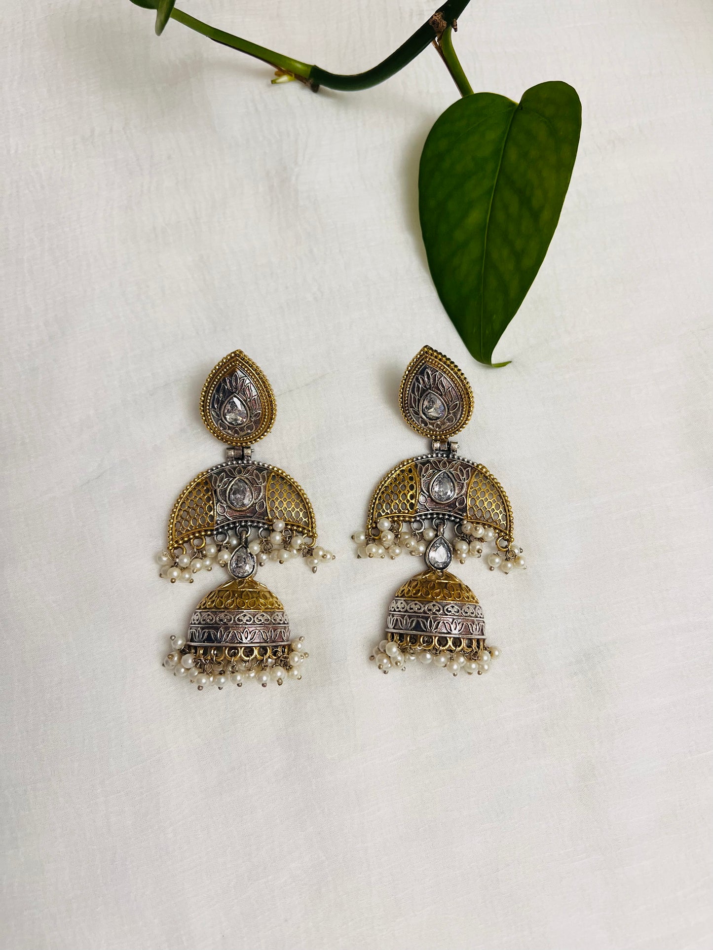 Dual tone Jhumkas | Silver and golden long earring with diamond | Indian jewelry