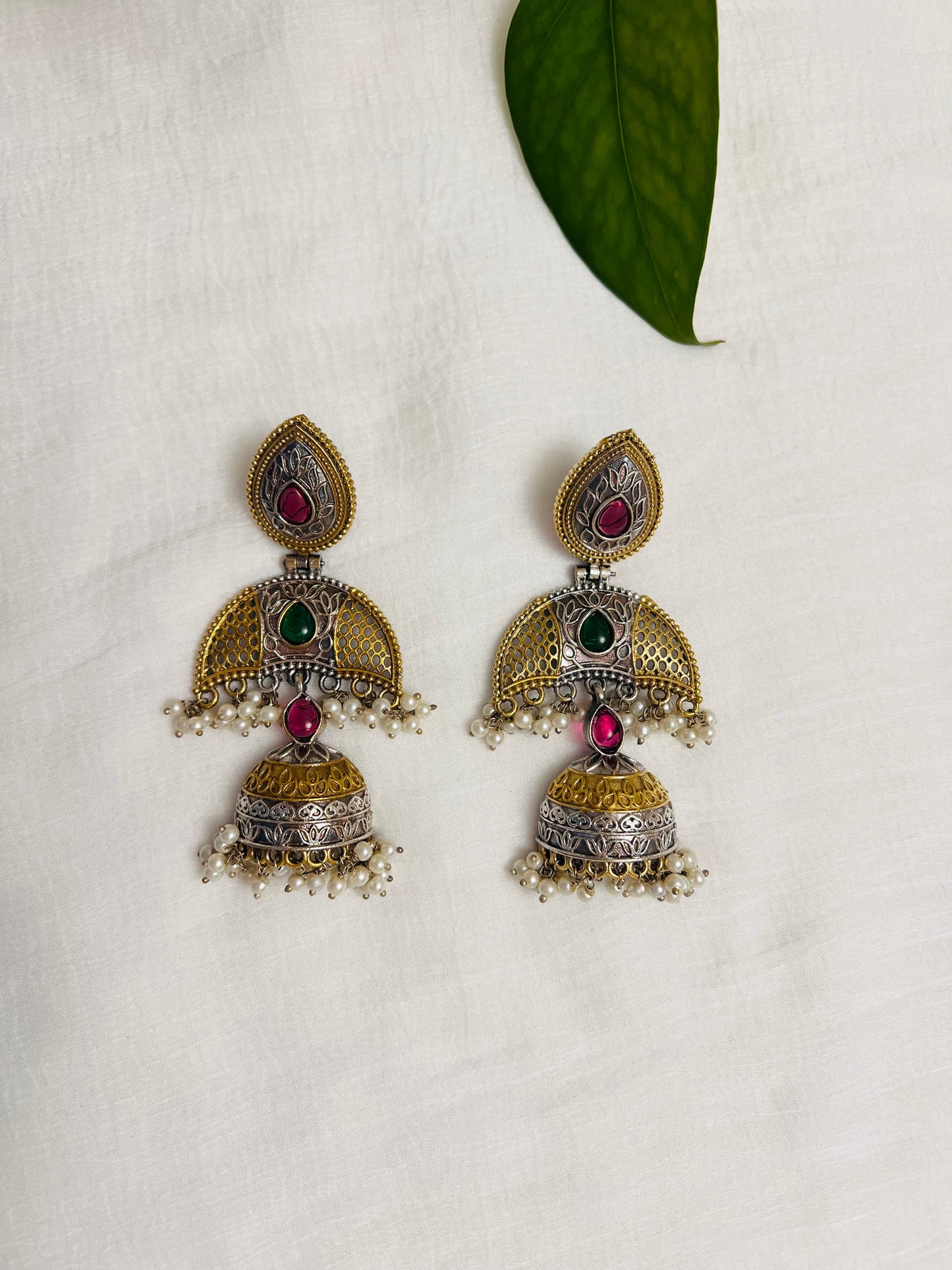Dual tone Jhumkas | Silver and golden long earring with green and pink stone | Indian jewelry