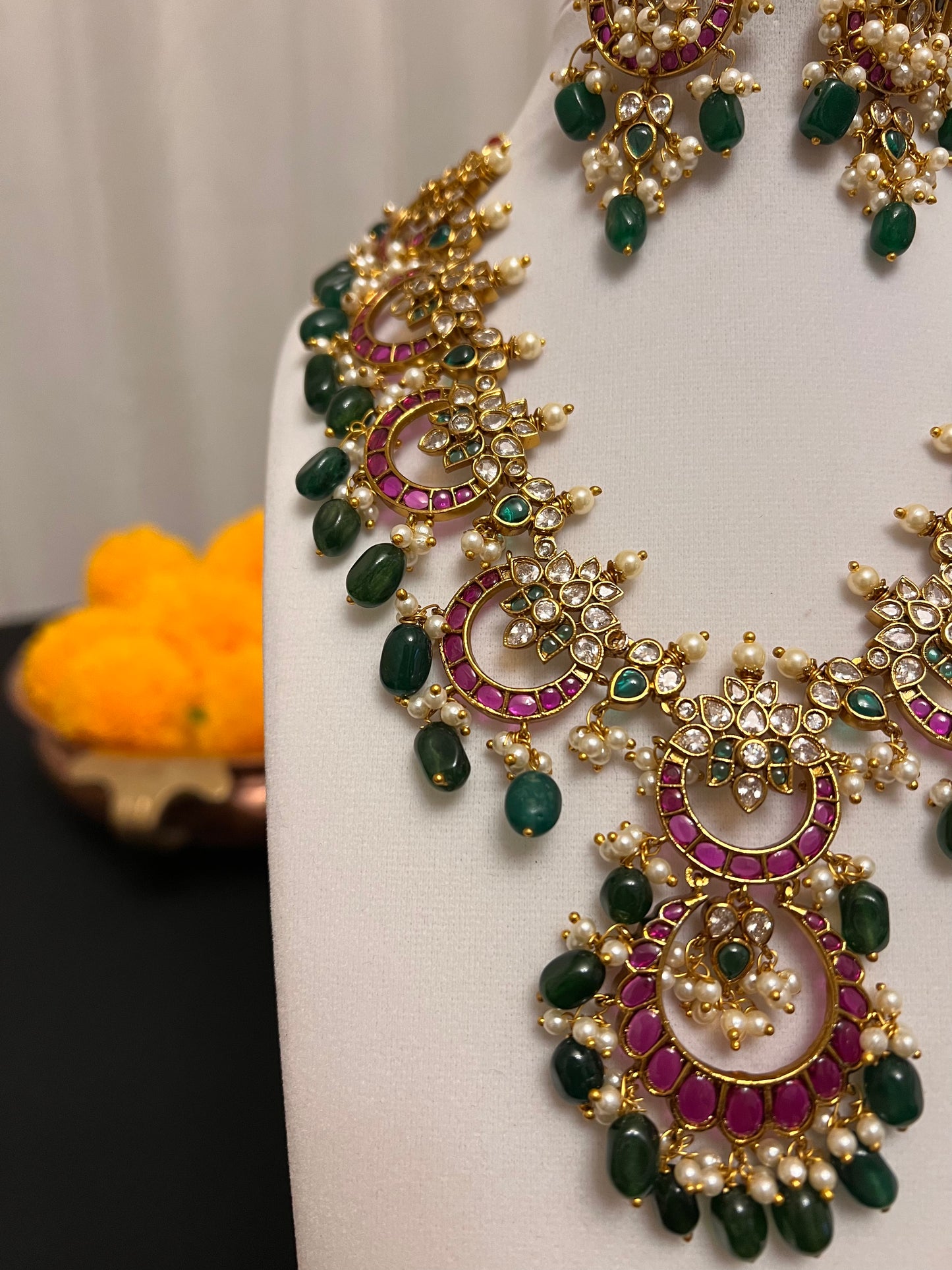 Jadau kundan necklace earring set | Chandbali design necklace set with victorian finish | Green and pink stone