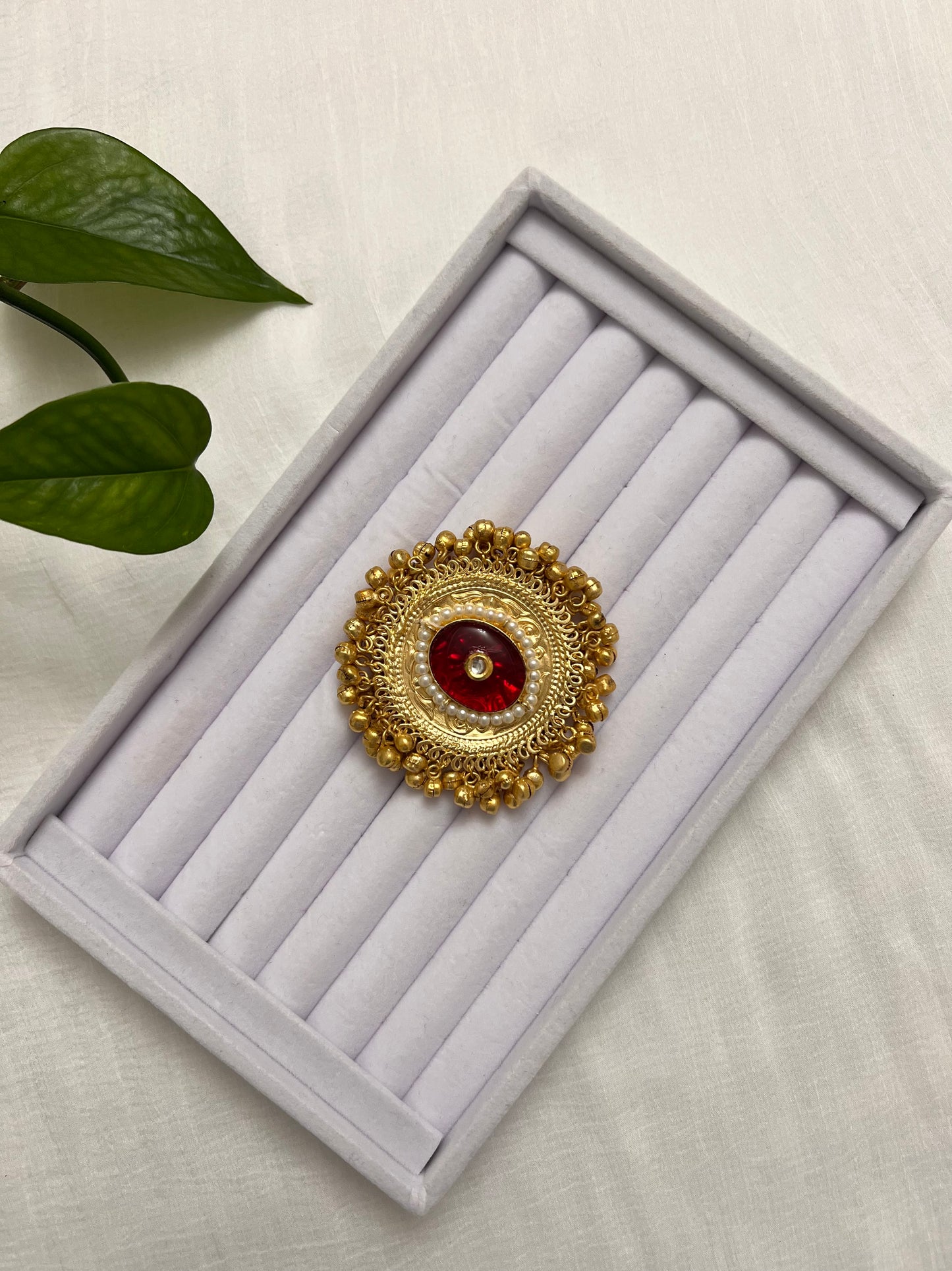 Statement ghungroo ring | Golden matte finish red stone ring | Indian jewelry