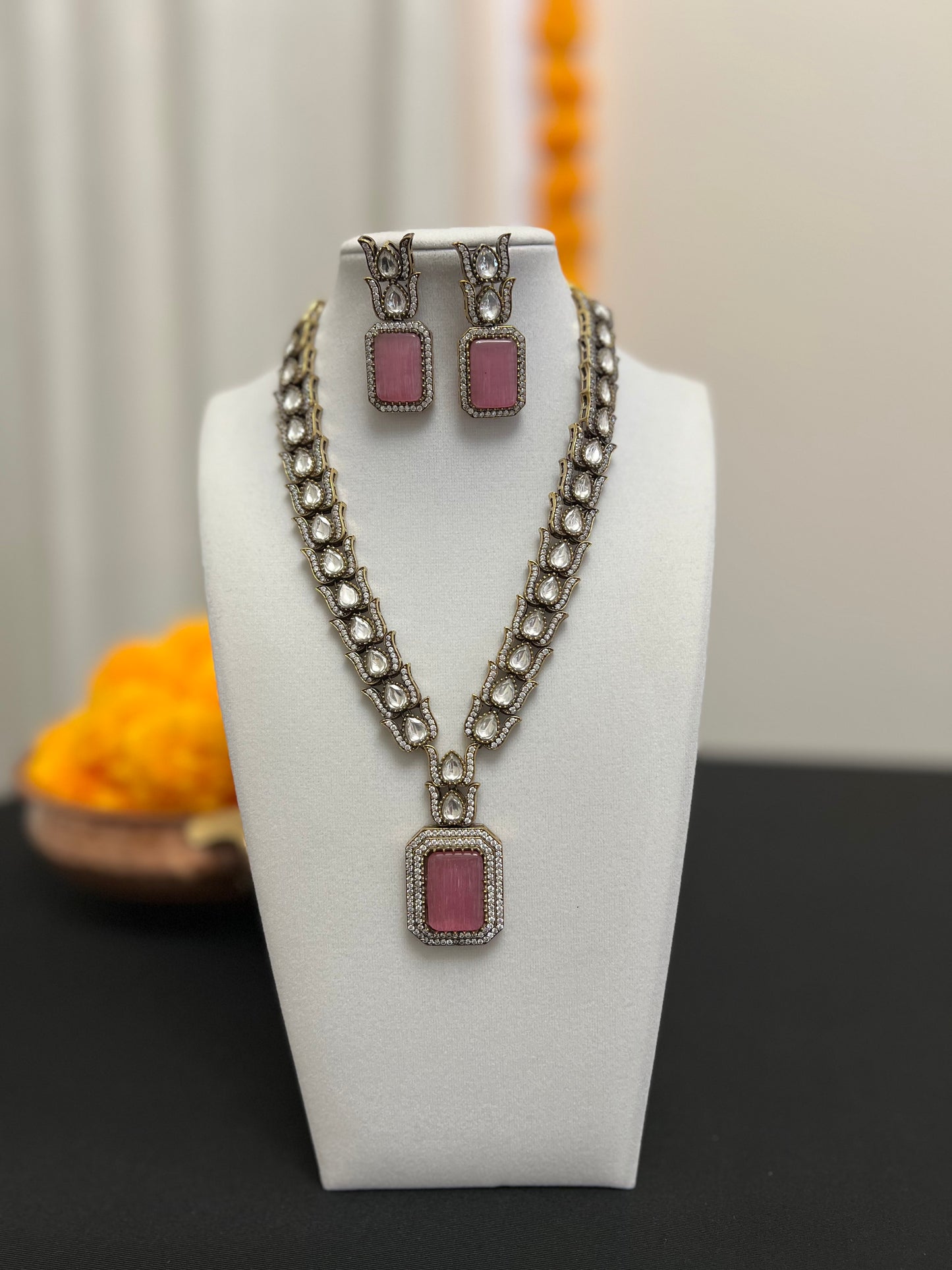 Pink stone moisssanite necklace set | Victorian finish fusion necklace earring set