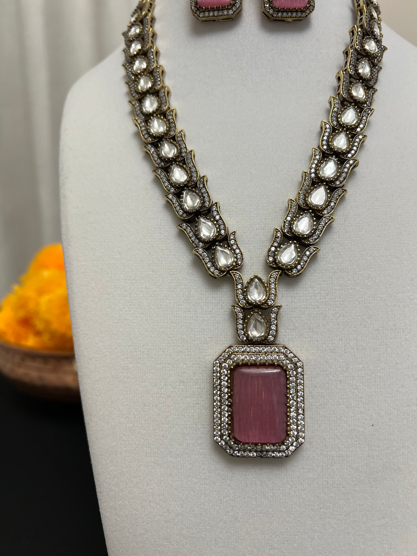 Pink stone moisssanite necklace set | Victorian finish fusion necklace earring set