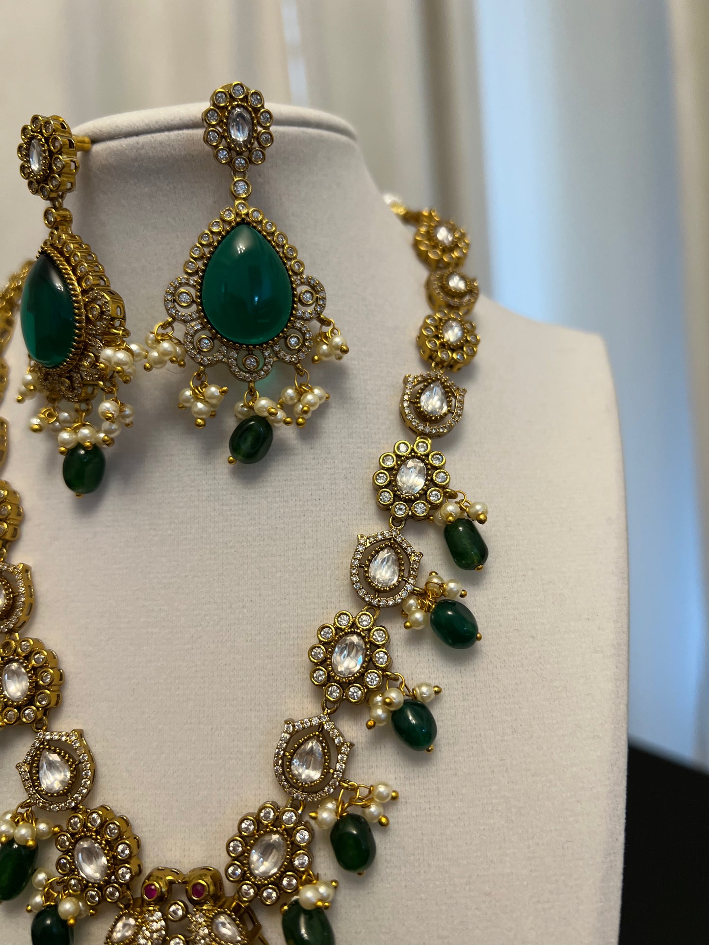 Moissanite necklace set | Victorian finish moissanite and green stone necklace earring set | Indian jewelry