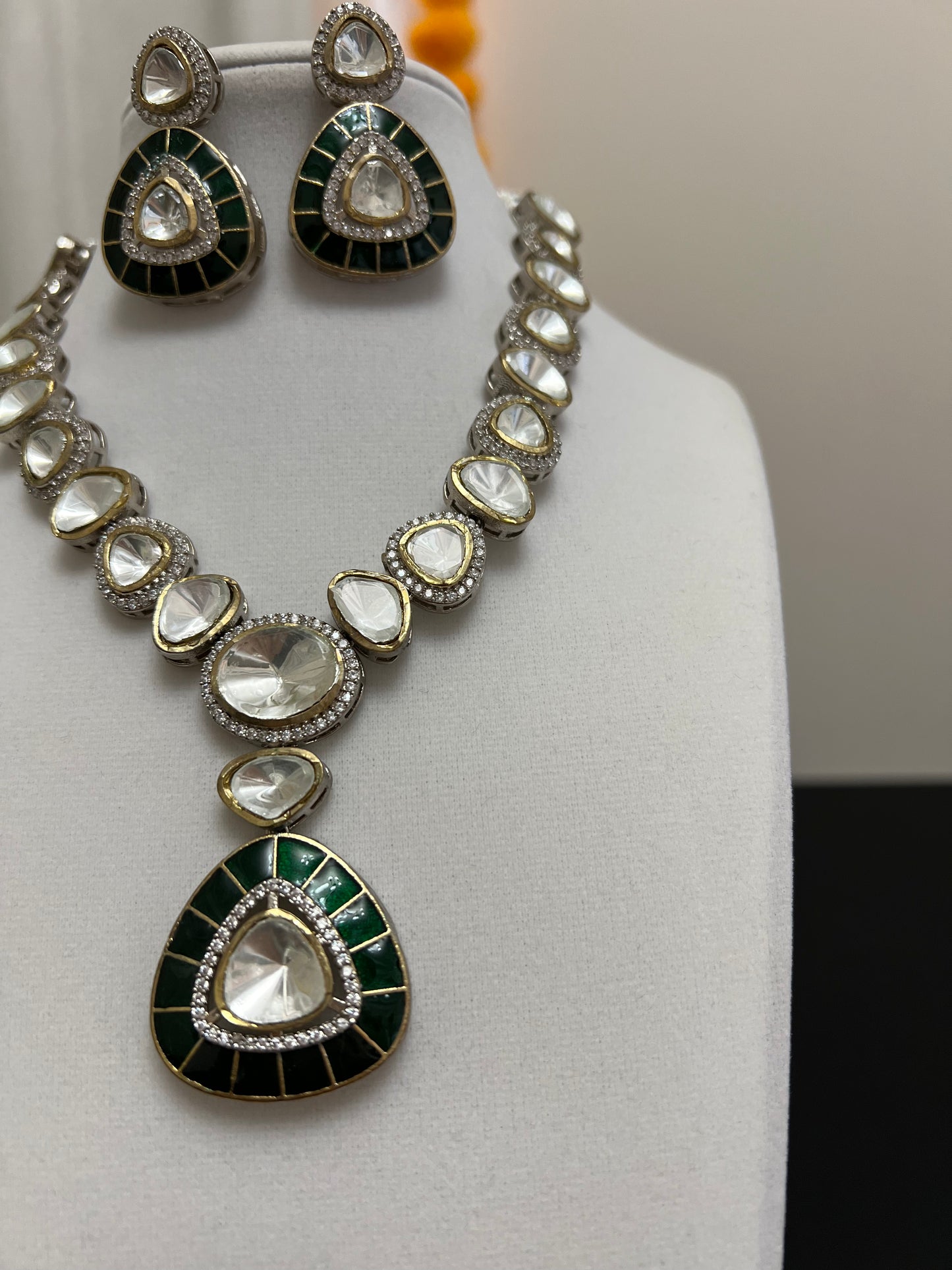 Pachi kundan green pendant and earring | Moissanite necklace set with victorian finish