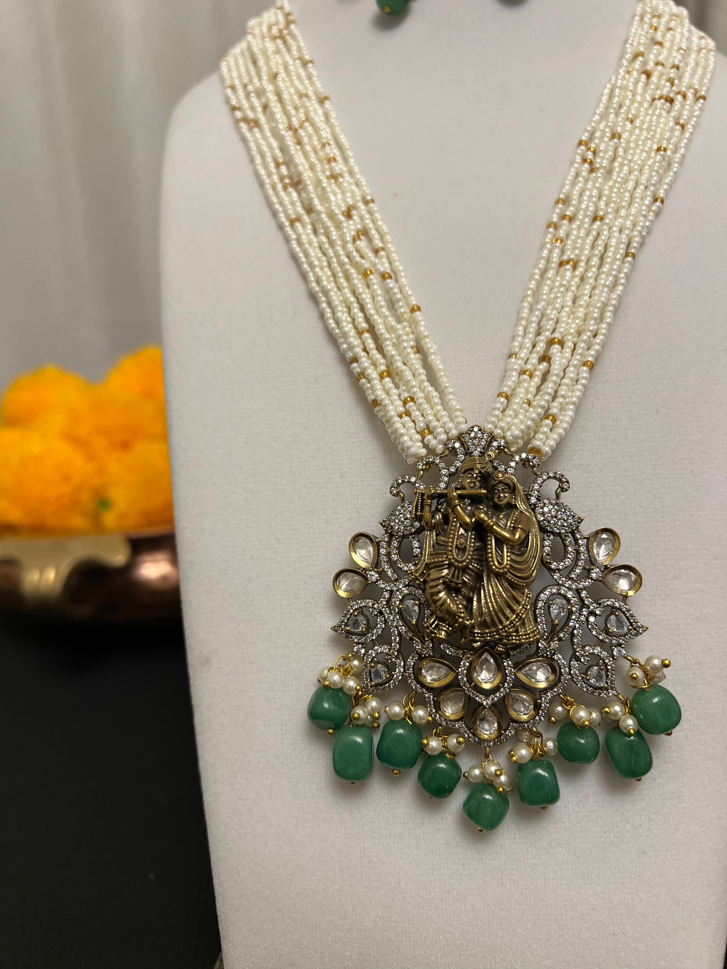 Radha Krishna long mala | Stranded beads necklace with victorian finish | Green stone necklace set
