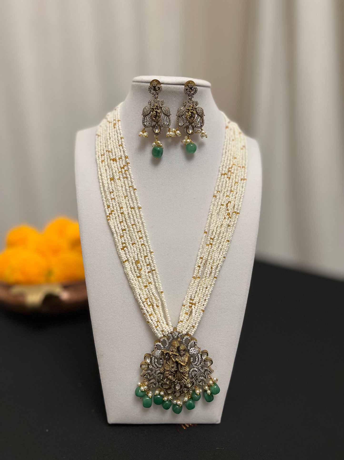 Radha Krishna long mala | Stranded beads necklace with victorian finish | Green stone necklace set