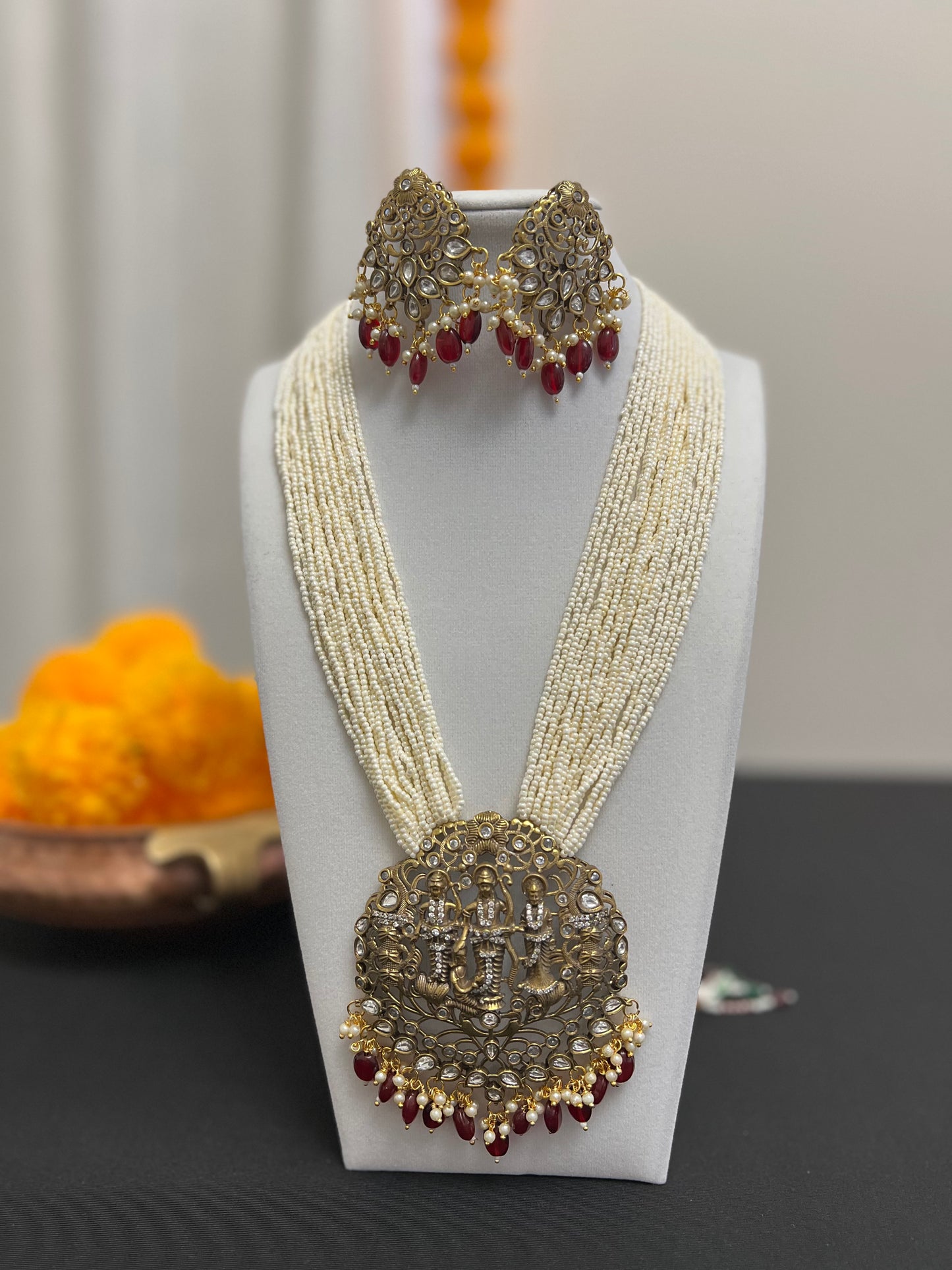 Shri Ram darbar moti mala | Beads stranded necklace and earring victorian finish | Long mala multilayered red beads necklace