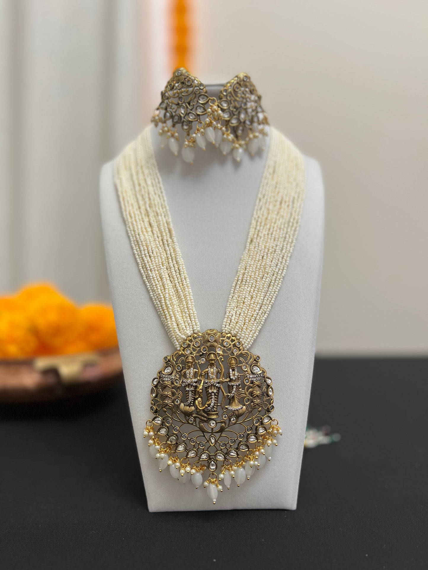 Shri Ram darbar moti mala | Beads stranded necklace and earring victorian finish | Long mala multilayered white beads necklace