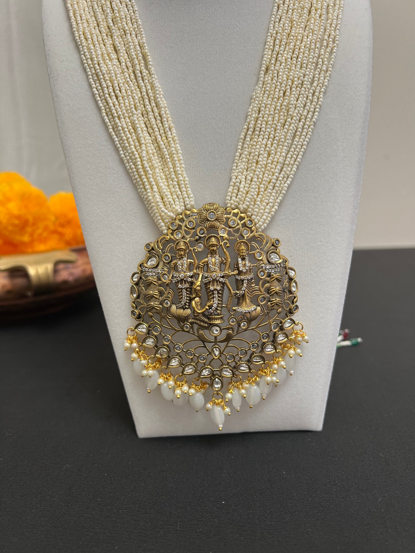 Shri Ram darbar moti mala | Beads stranded necklace and earring victorian finish | Long mala multilayered white beads necklace