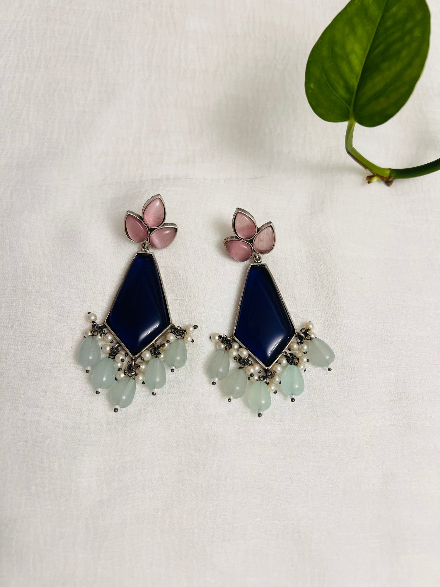 Stunning multicolor chandelier earring | Silver oxidized Indian earring in blue and pink stones | Indian jewelry