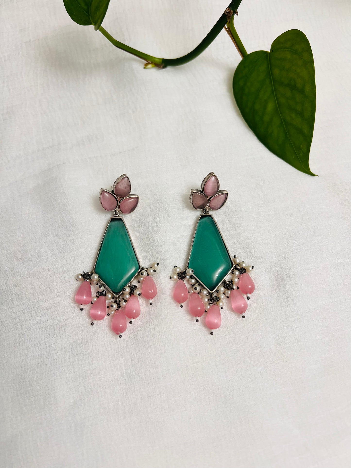 Stunning multicolor chandelier earring | Silver oxidized Indian earring in green and pink stones | Indian jewelry