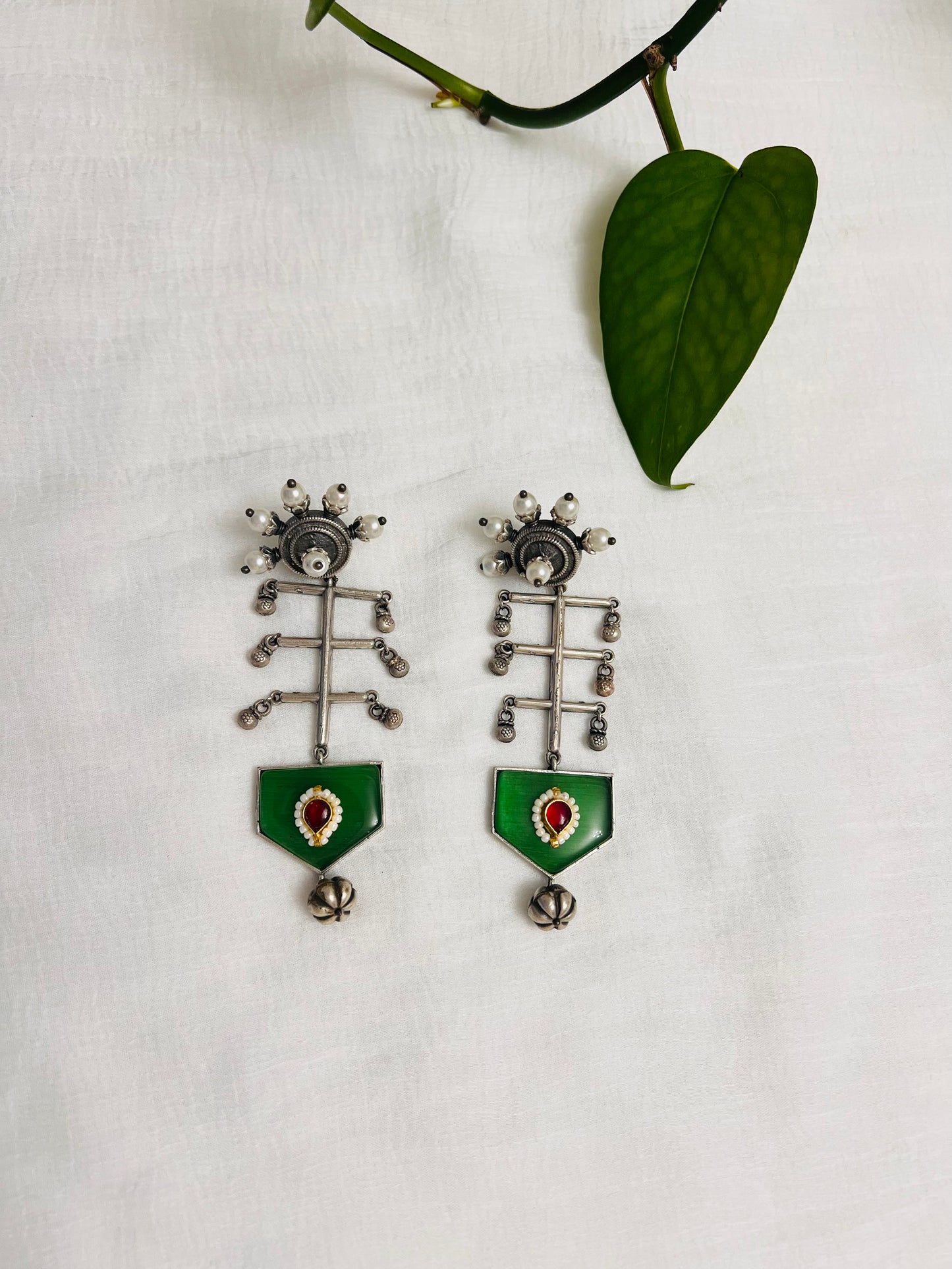 Silver oxidized dangle earring | Green stone hanging earring | Indian jewelry