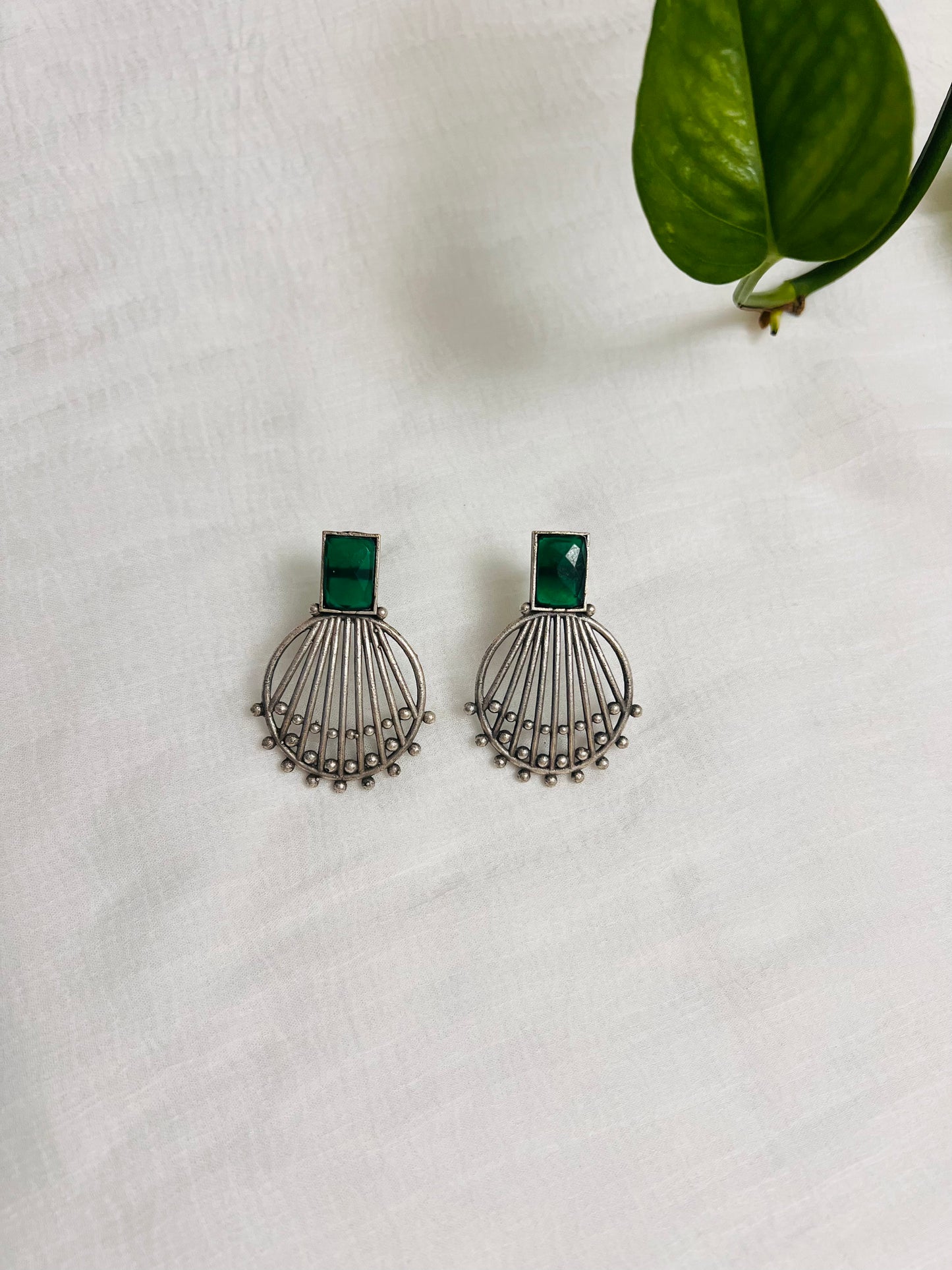 Silver oxidized earring with green stone | Indian jewelry