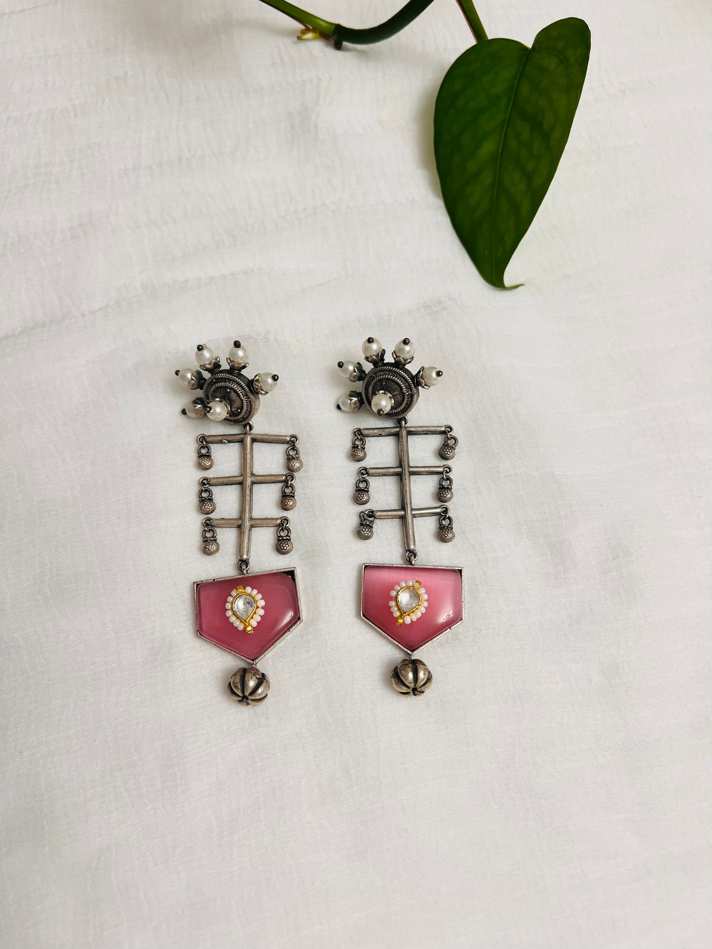 Silver oxidized dangle earring | Pink stone hanging earring | Indian jewelry