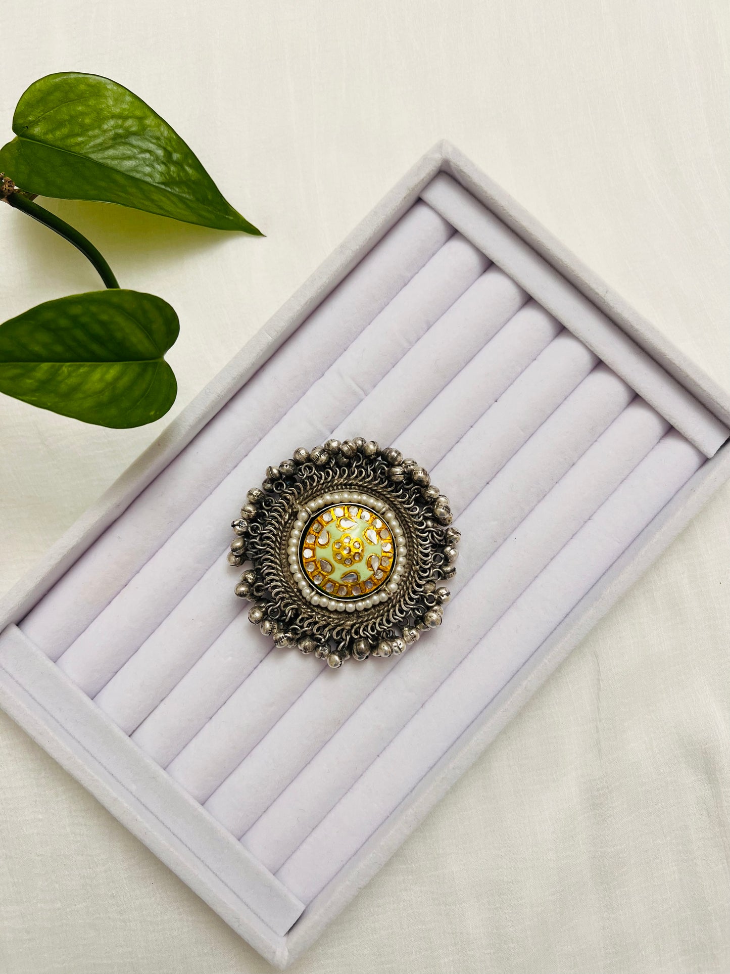 Statement ghungroo ring | Silver oxidized green / pista stone ring | Indian jewelry