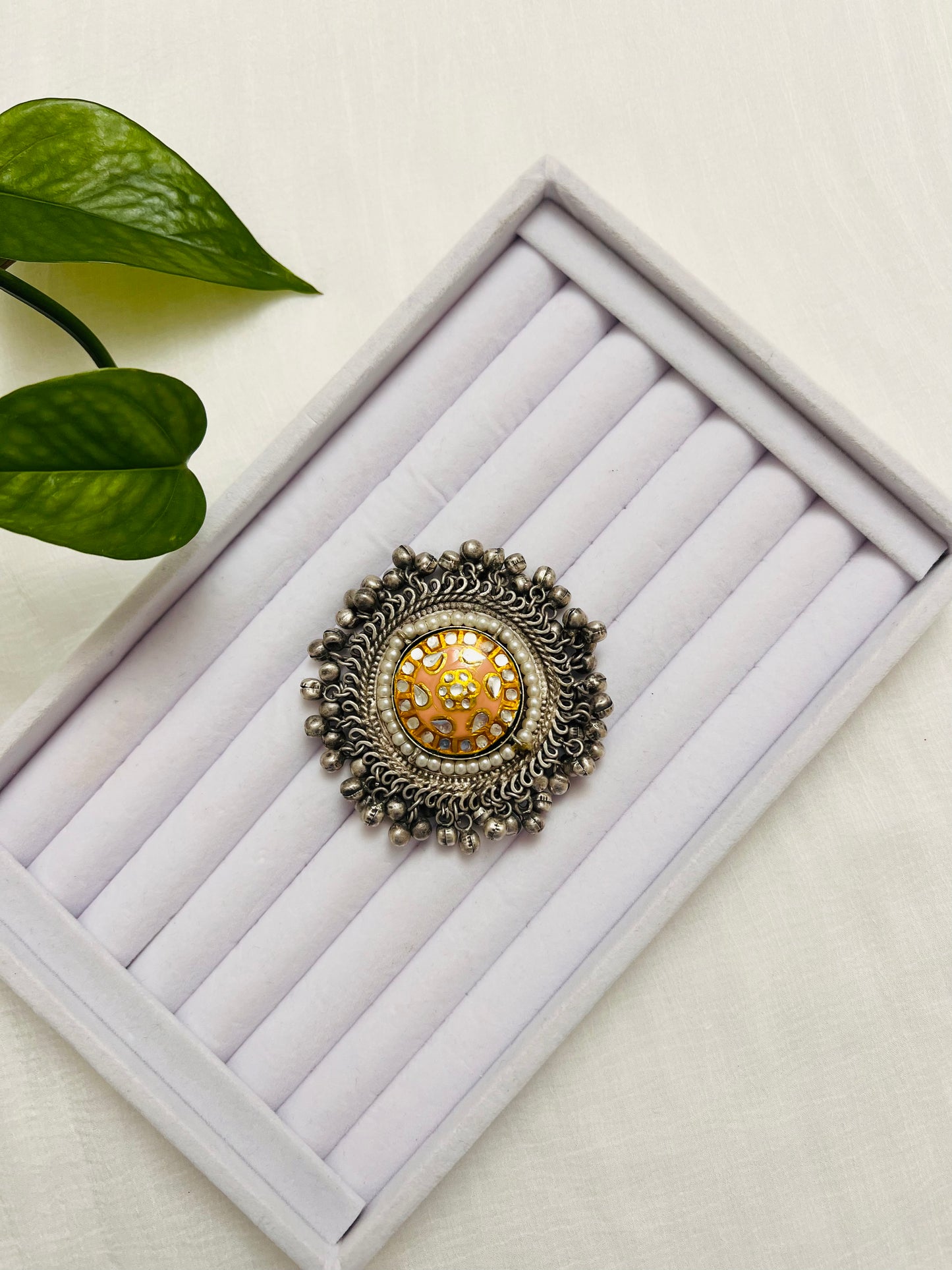 Statement ghungroo ring | Silver oxidized peach / orange stone ring | Indian jewelry