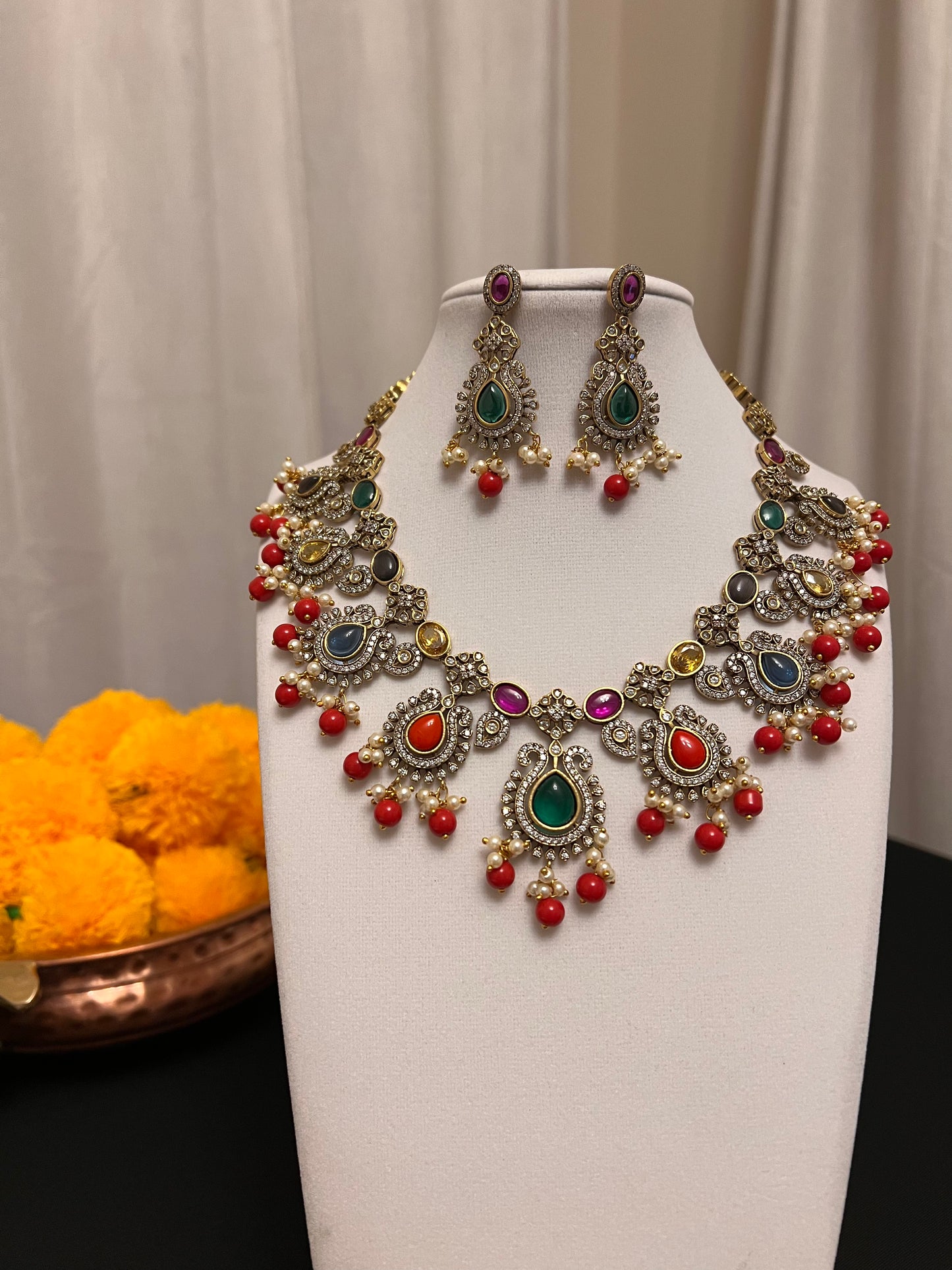 Victorian finish statement necklace set | navratna necklace | nine crystals necklace