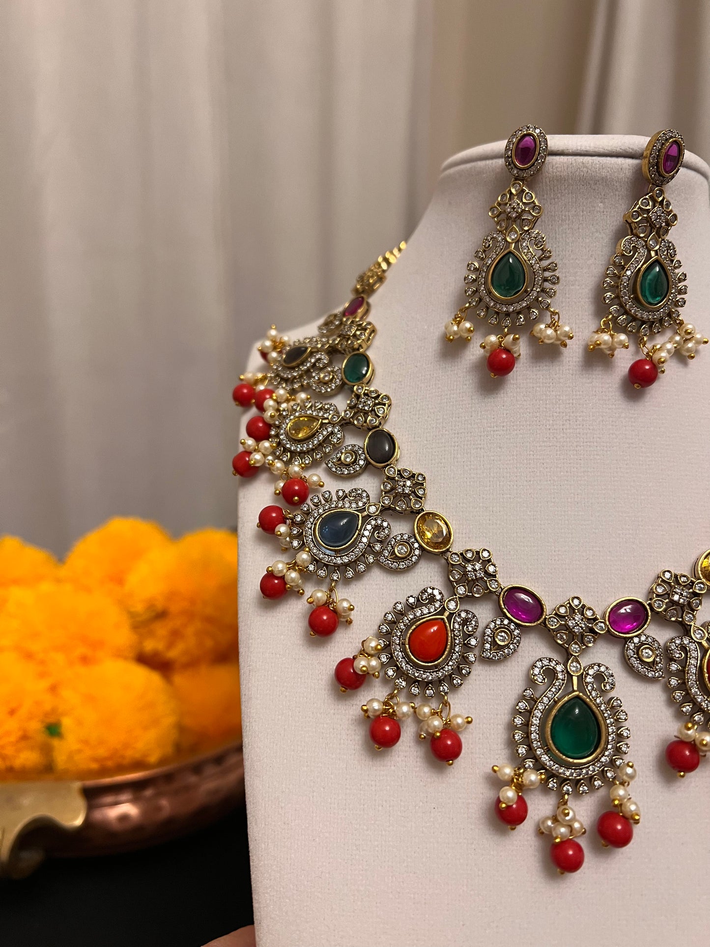 Victorian finish statement necklace set | navratna necklace | nine crystals necklace