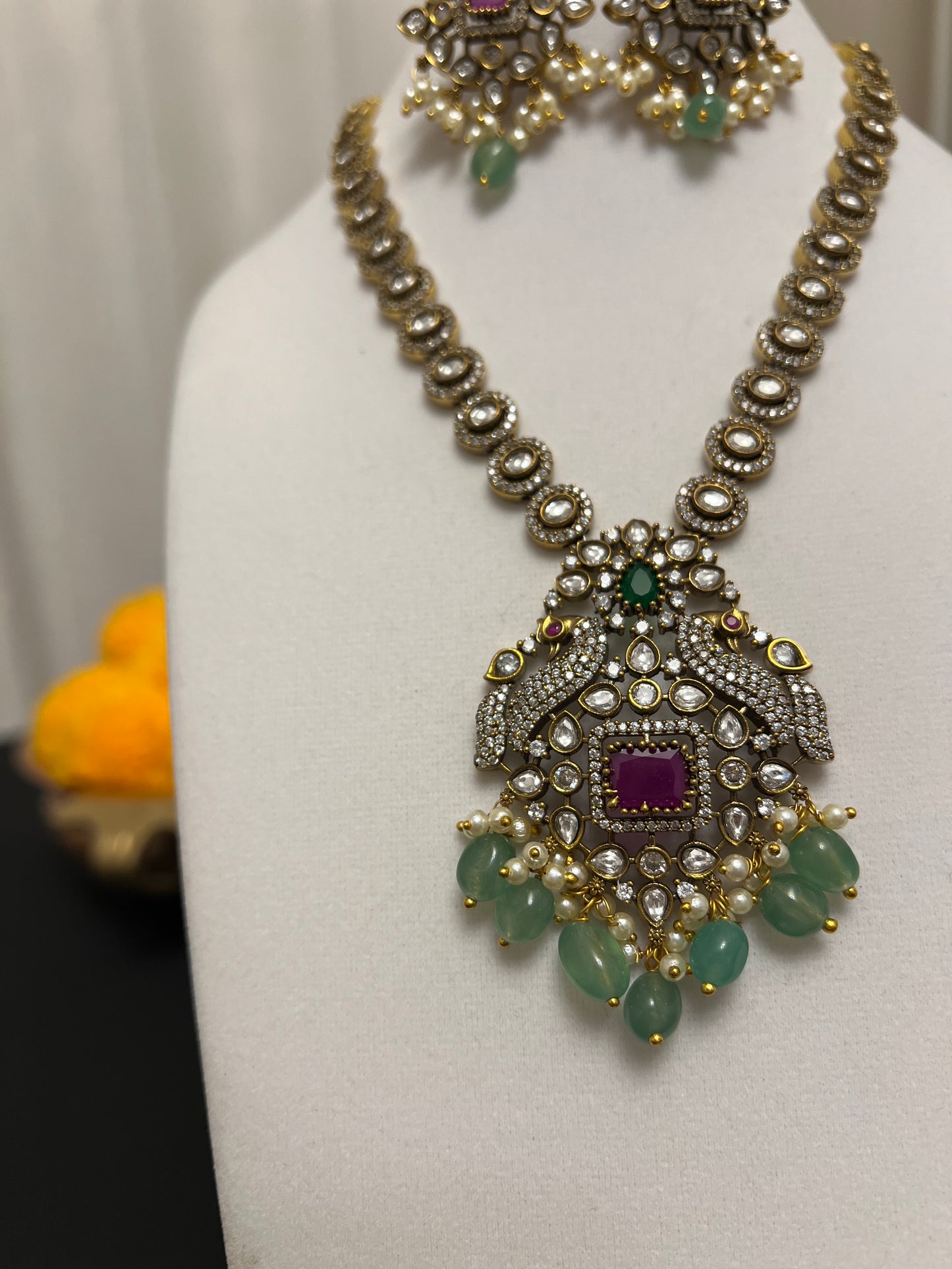 Moissanite victorian finish necklace set with green and pink stones | Peacock necklace set