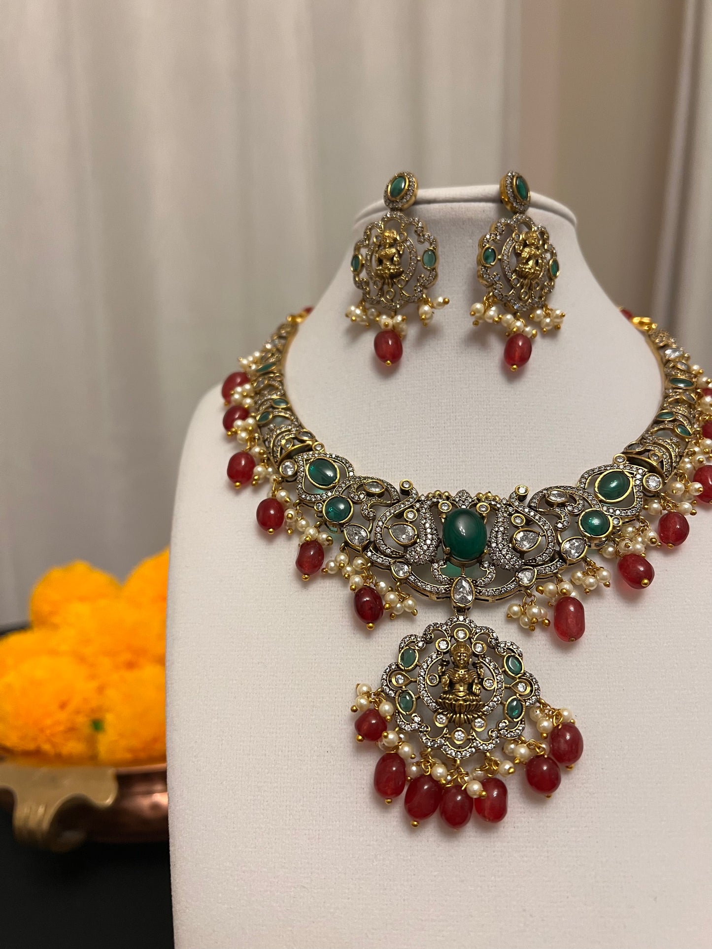 Victorian finish choker with Maa Laxmi motif necklace set | Red and green stones necklace earring set | Choker / bib necklace