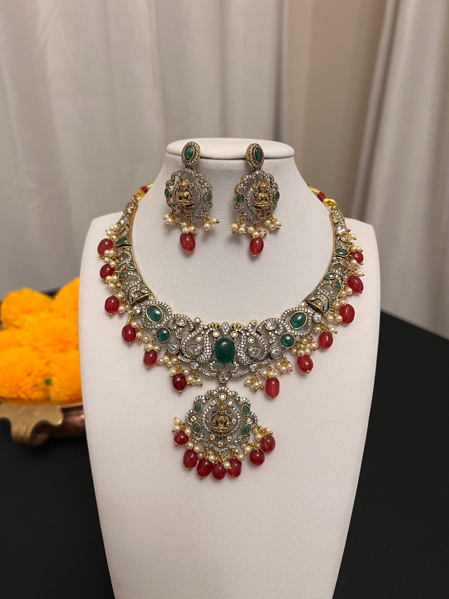 Victorian finish choker with Maa Laxmi motif necklace set | Red and green stones necklace earring set | Choker / bib necklace
