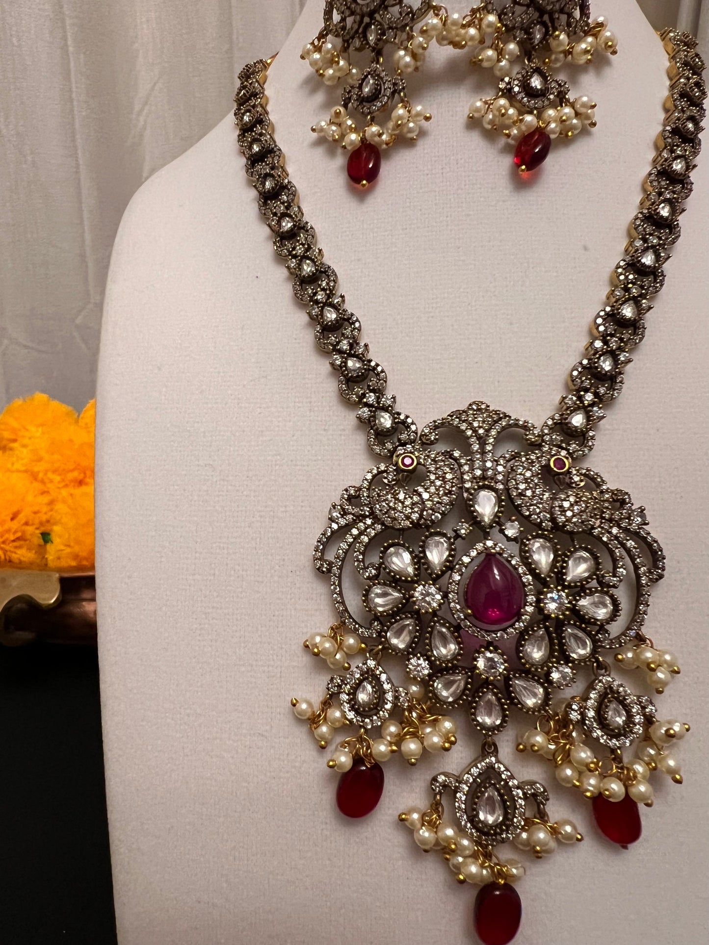 Moissanite necklace set with victorian finish | Red stone peacock necklace set