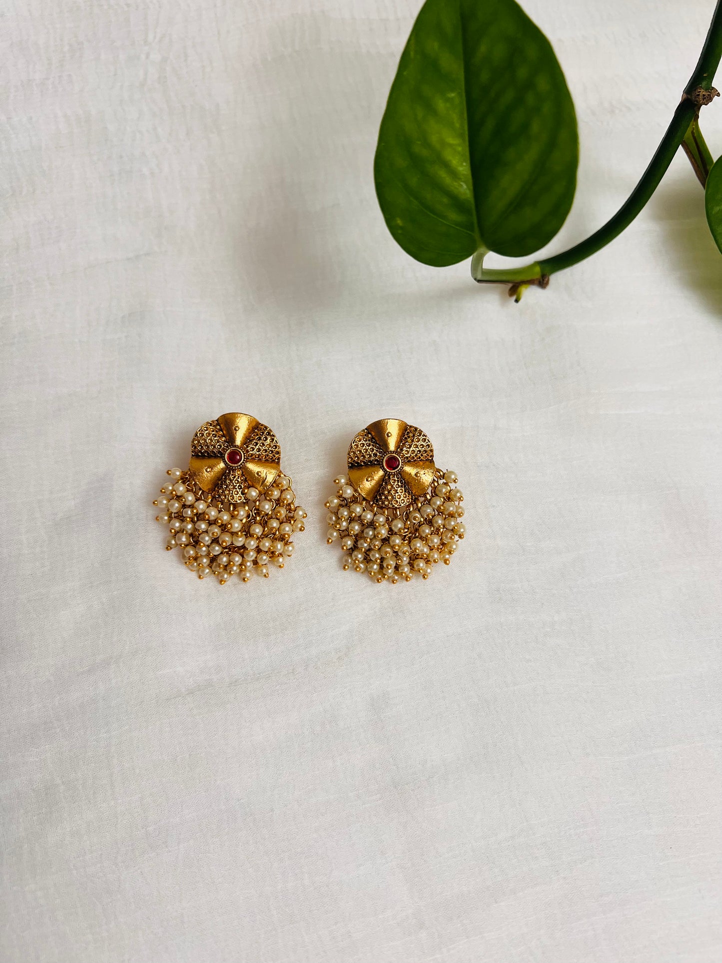 Beads and golden antique studs with matte finish | Indian golden earring | Peacock design earring