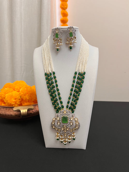 Beads multilayered necklace set | Green statement pendant necklace earring set | Green beads strand