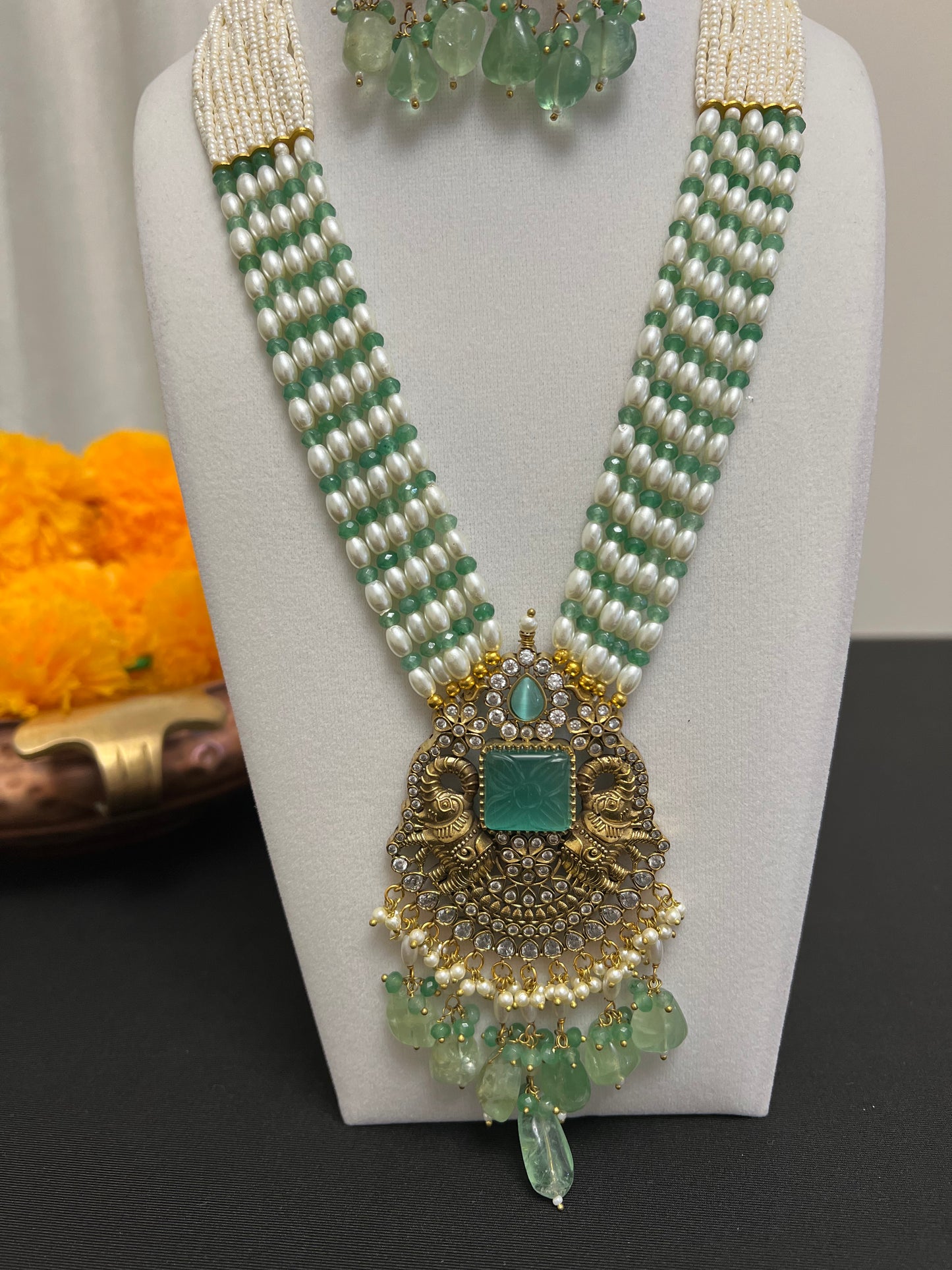 Beads stranded necklace earring set | Rani haar necklace set | Long mala necklace | Antique big stone pendant and earring | Multilayered green beads necklace
