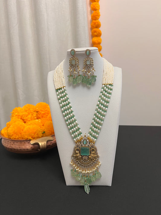 Beads stranded necklace earring set | Rani haar necklace set | Long mala necklace | Antique big stone pendant and earring | Multilayered green beads necklace