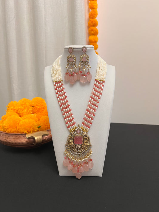 Beads stranded necklace earring set | Rani haar necklace set | Long mala necklace | Antique big stone pendant and earring | Multilayered pink beads necklace