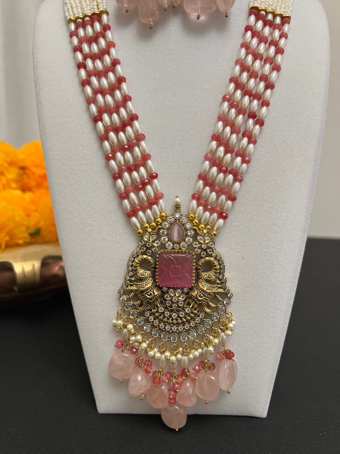 Beads stranded necklace earring set | Rani haar necklace set | Long mala necklace | Antique big stone pendant and earring | Multilayered pink beads necklace