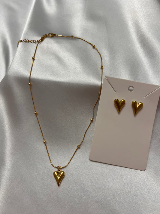 Heart design golden ball bead satellite station necklace earring set waterproof anti tarnish stainless steel jewelry