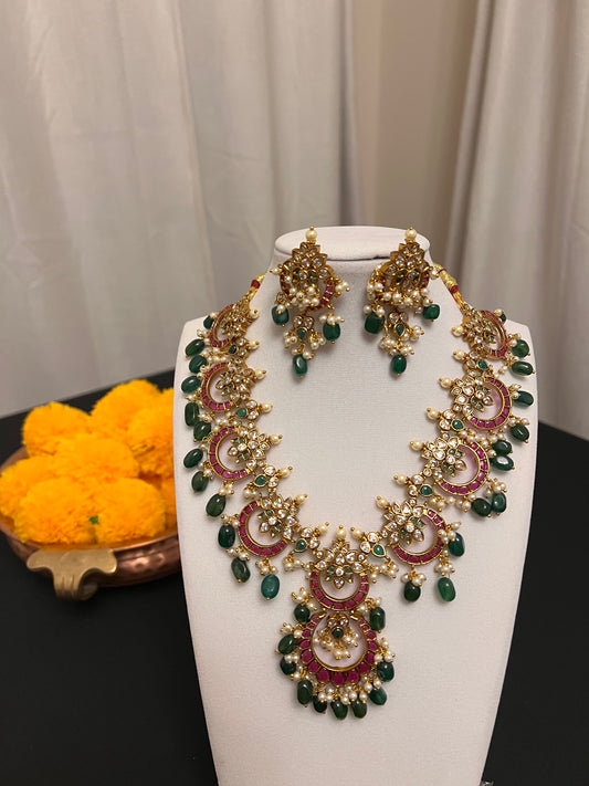 Jadau kundan necklace earring set | Chandbali design necklace set with victorian finish | Green and pink stone