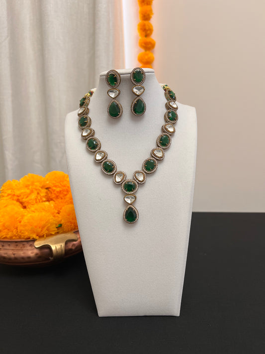 Moissanite fusion necklace set | Victorian finish polki and green stone necklace earring set | Y-shaped necklace