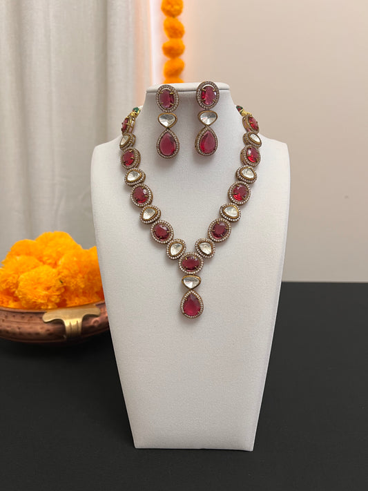 Moissanite fusion necklace set | Victorian finish polki and red stone necklace earring set | Y-shaped necklace