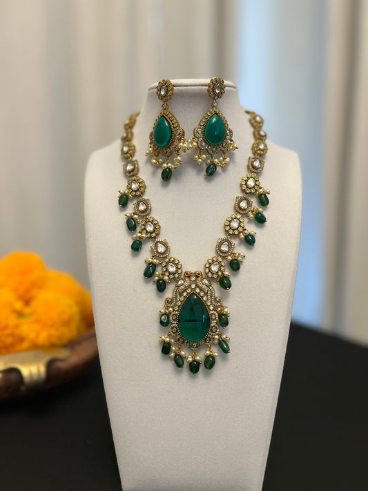 Moissanite necklace set | Victorian finish moissanite and green stone necklace earring set | Indian jewelry