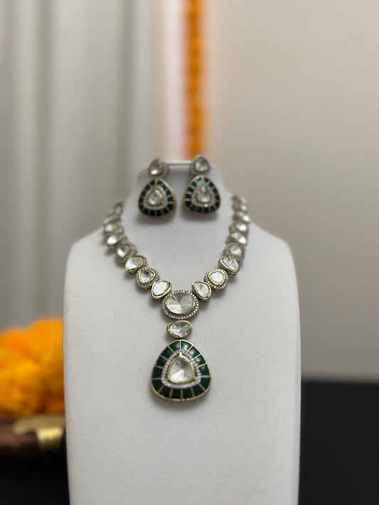 Pachi kundan green pendant and earring | Moissanite necklace set with victorian finish