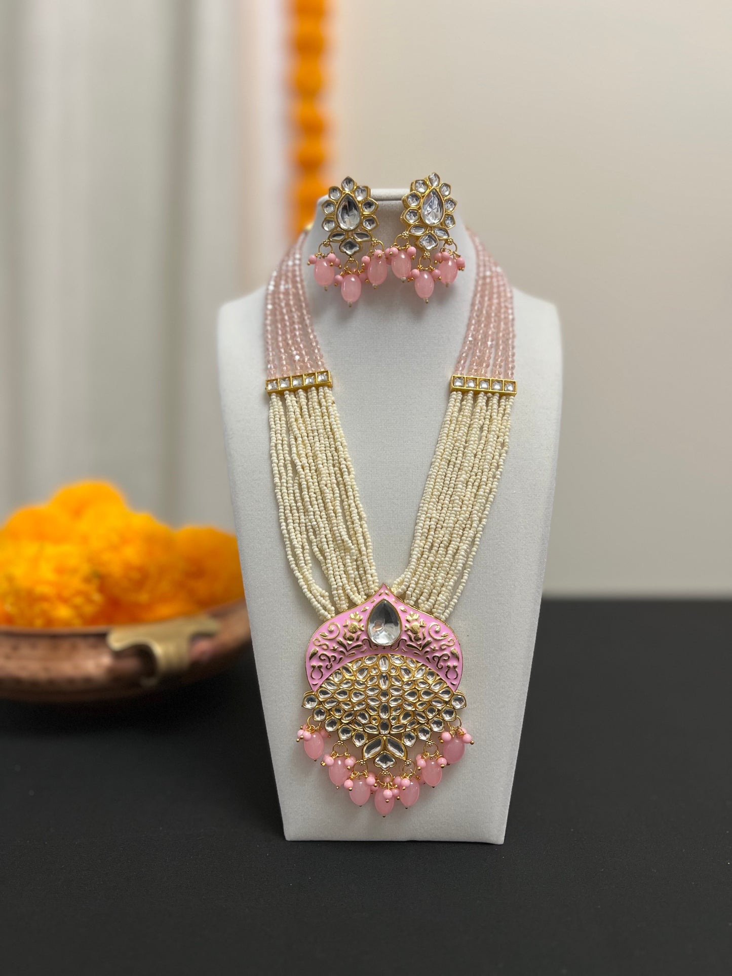 Beads stranded necklace and earring set | Pink Rani haar | Long mala multilayered pink beads necklace