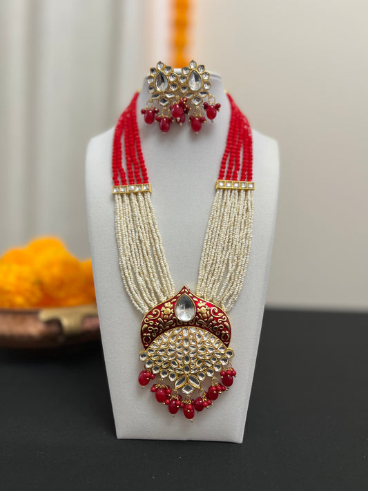 Beads stranded necklace and earring set | Red Rani haar | Long mala multilayered red beads necklace