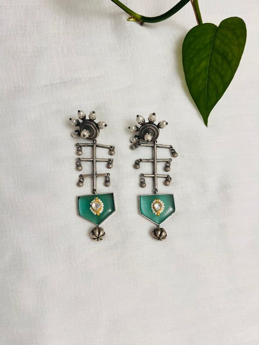 Silver oxidized dangle earring | Turquoise / Feroza stone hanging earring | Indian jewelry