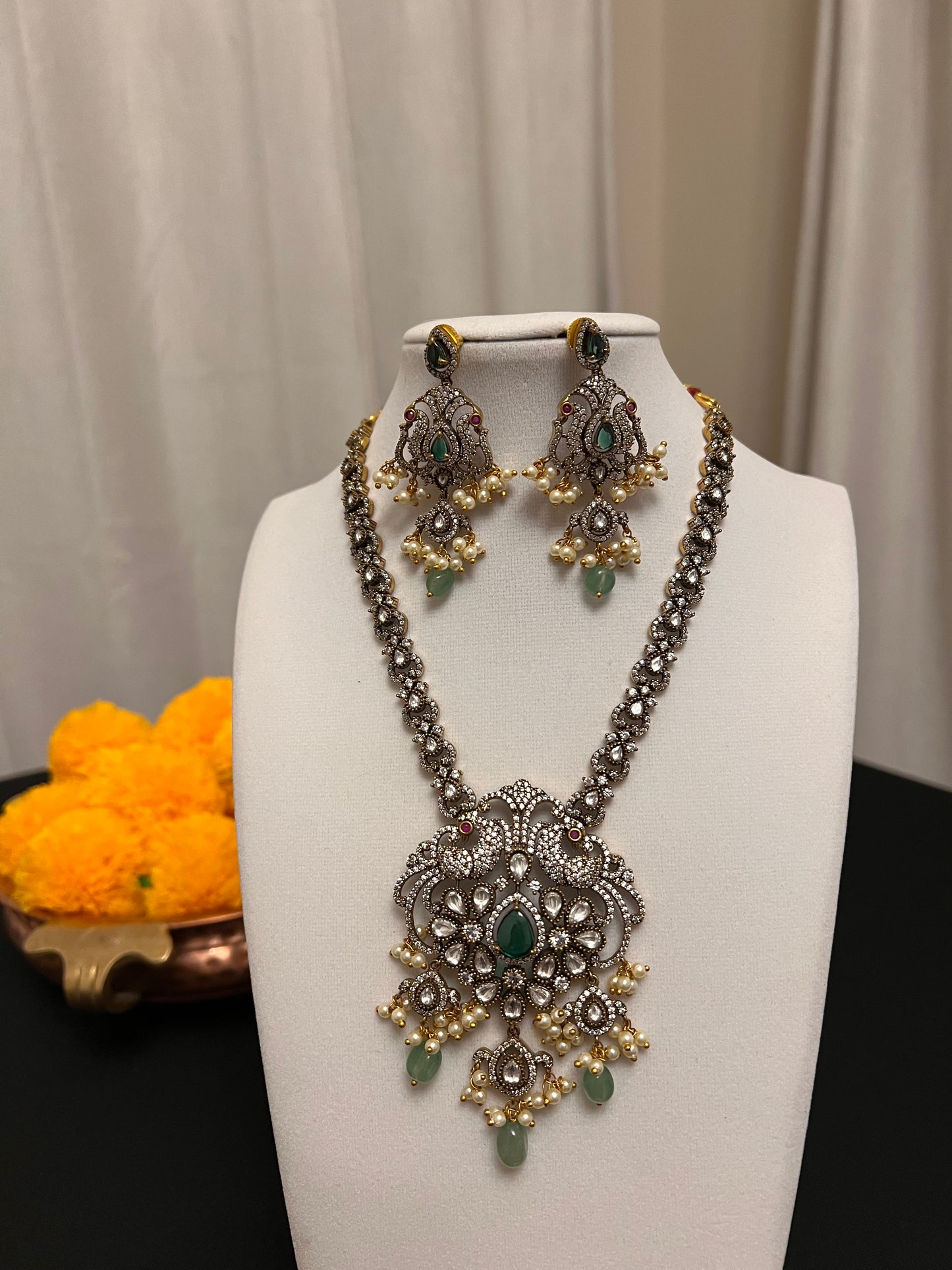 Moissanite necklace set with victorian finish | peacock necklace set | green stone necklace