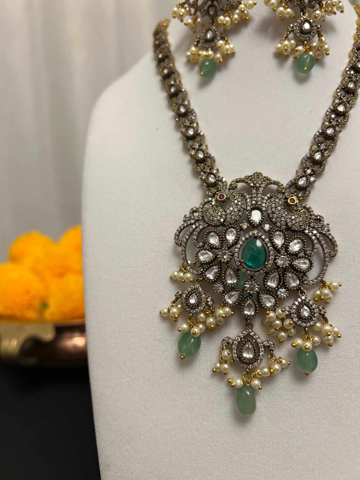 Moissanite necklace set with victorian finish | peacock necklace set | green stone necklace