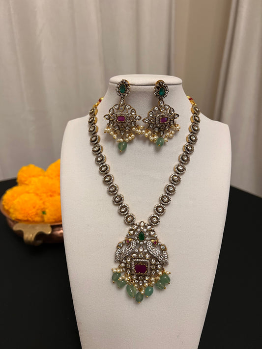 Moissanite victorian finish necklace set with green and pink stones | Peacock necklace set