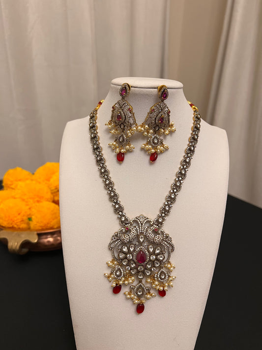 Moissanite necklace set with victorian finish | Red stone peacock necklace set